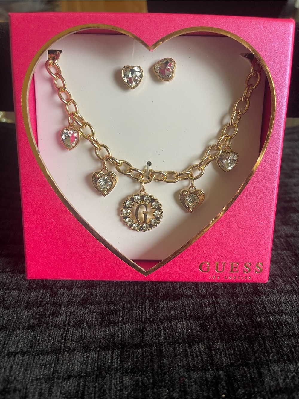 GUESS Gold-Tone Heart Charm Necklace & Heart Stud Earrings - Pink Box